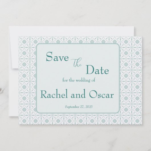 Pastel blauw patroon bruiloft save the date (Voorkant)