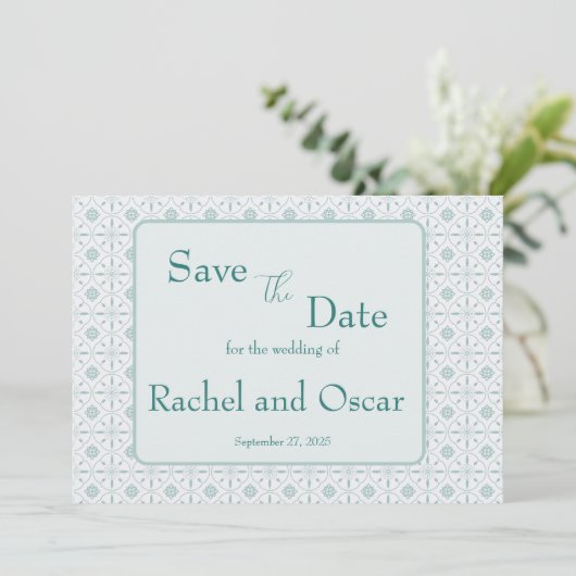 Pastel blauw patroon bruiloft save the date (Staand voorkant)