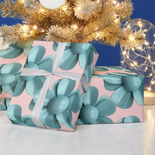 Pastel Blauw Retro Daisy MOD Bloem Bruiloft Roze Cadeaupapier