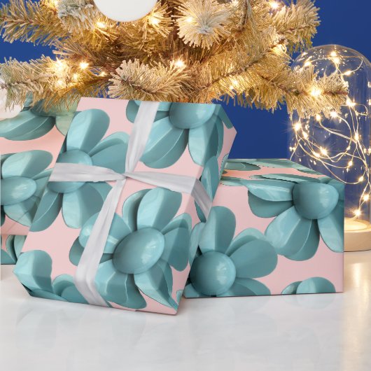 Pastel Blauw Retro Daisy MOD Bloem Bruiloft Roze Cadeaupapier (Feestdagen)