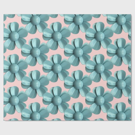 Pastel Blauw Retro Daisy MOD Bloem Bruiloft Roze Cadeaupapier (Vlak)