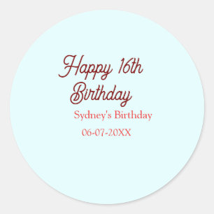 Pastel blauw rode gelukkige 16e verjaardag naam da ronde sticker