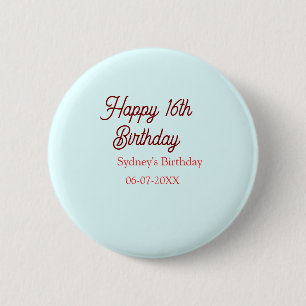 Pastel blauw rood gelukkige 16e verjaardag naam da ronde button 5,7 cm