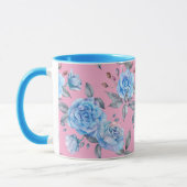 Pastel blauw roos, roze achtergrond, mok (Links)