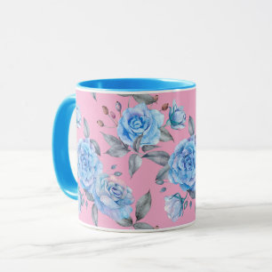 Pastel blauw roos, roze achtergrond, mok