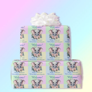 Pastel blauw roze Baby shower Naam toevoegen Eleph Cadeaupapier