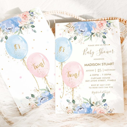 Pastel Blauw Roze Bloemen Ballonnen Twins Baby sho Kaart