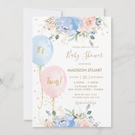 Pastel Blauw Roze Bloemen Ballonnen Twins Baby sho Kaart (Voorkant)