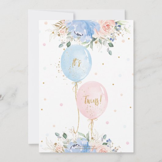 Pastel Blauw Roze Bloemen Ballonnen Twins Baby sho Kaart (Achterkant)