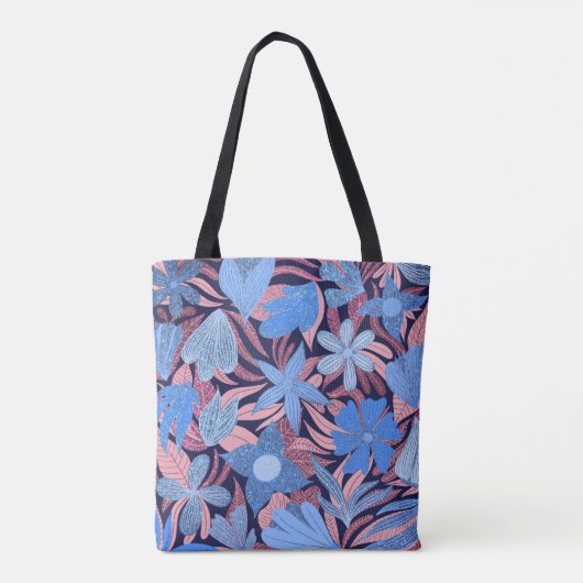Pastel Blauw Roze Bloemen Bladeren Glitter Monogra Tote Bag (Achterkant)
