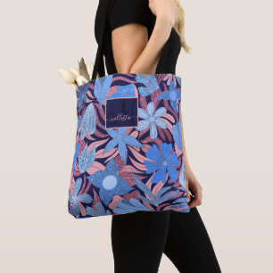 Pastel Blauw Roze Bloemen Bladeren Glitter Monogra Tote Bag