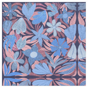 Pastel Blauw Roze Bloemen Bladeren Glitter Patroon Stof
