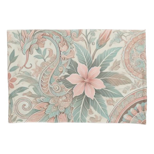 Pastel Blauw Roze Boho Indonesische Batik Bloemen Kussensloop (Voorkant)