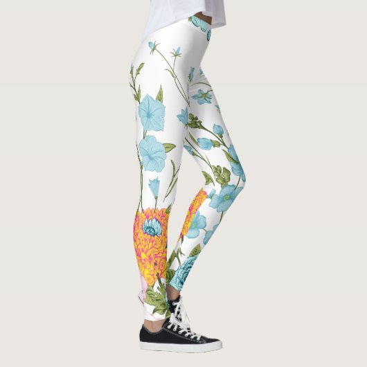 Pastel Blauw Roze & Geel Bloemen Design Leggings (Rechts)