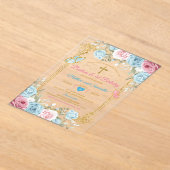 Pastel Blauw Roze Goud Doop & 1e Verjaardag Acryl Uitnodigingen (Laagn)