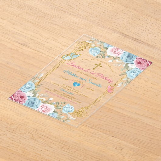 Pastel Blauw Roze Goud Doop & 1e Verjaardag Acryl Uitnodigingen (Laagn)