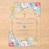 Pastel Blauw Roze Goud Doop & 1e Verjaardag Acryl Uitnodigingen (Voorkant)
