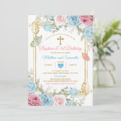 Pastel Blauw Roze Goud Doop & 1e Verjaardag Kaart (Staand voorkant)