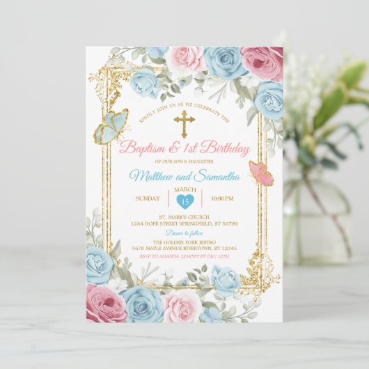 Pastel Blauw Roze Goud Doop & 1e Verjaardag Kaart (Staand voorkant)