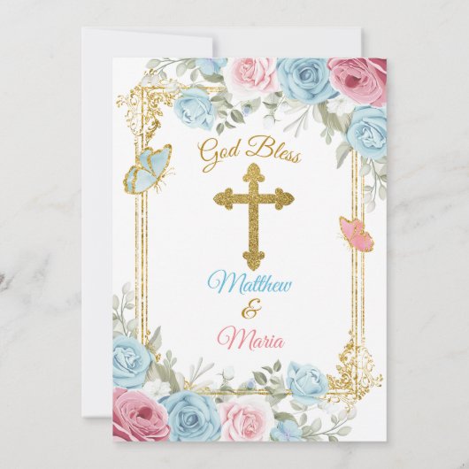 Pastel Blauw Roze Goud Doop & 1e Verjaardag Kaart (Achterkant)