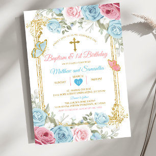 Pastel blauw roze goud doopfeest & 1e verjaardag kaart