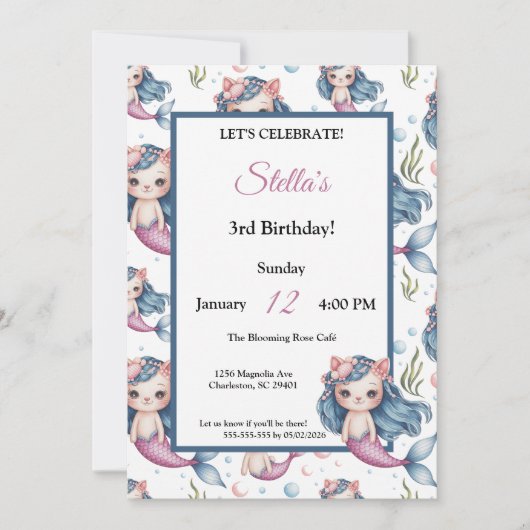 Pastel Blauw Roze Kat Zeemeermin Meisje Verjaardag Kaart (Voorkant)