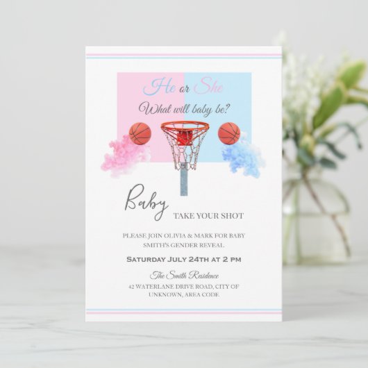 Pastel Blauw Roze Rook Basketbal Geslacht Onthulle Kaart (Staand voorkant)