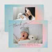 Pastel blauw roze verloop script baby geboorte fot bedankkaart (Voorkant / Achterkant)