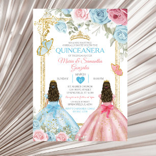 Pastel blauw roze vlinder bloem goud Quinceañera Kaart