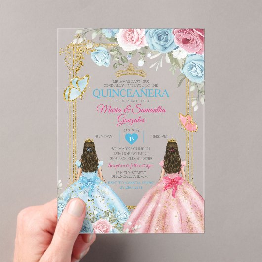 Pastel Blauw Roze Vlinder Bloemen Goud Quinceañera Acryl Uitnodigingen (Insitu (Draagbaar))