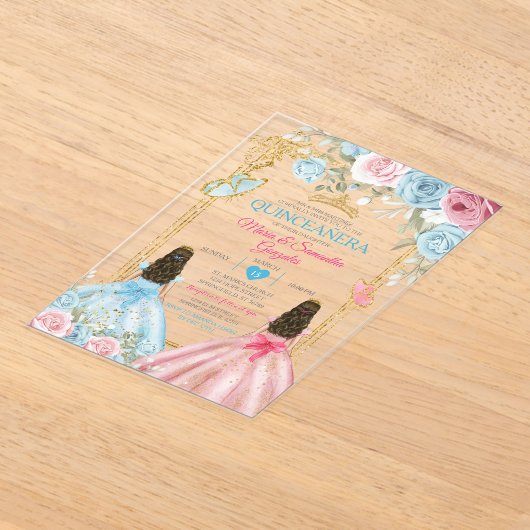 Pastel Blauw Roze Vlinder Bloemen Goud Quinceañera Acryl Uitnodigingen (Laagn)