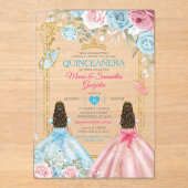 Pastel Blauw Roze Vlinder Bloemen Goud Quinceañera Acryl Uitnodigingen (Voorkant)