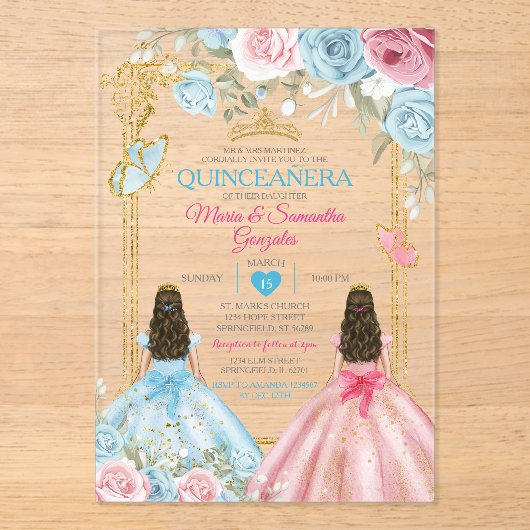 Pastel Blauw Roze Vlinder Bloemen Goud Quinceañera Acryl Uitnodigingen (Voorkant)