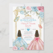 Pastel Blauw Roze Vlinder Bloemen Goud Quinceañera Kaart (Voorkant)