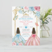 Pastel Blauw Roze Vlinder Bloemen Goud Quinceañera Kaart (Staand voorkant)