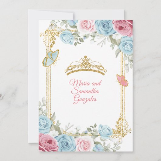Pastel Blauw Roze Vlinder Bloemen Goud Quinceañera Kaart (Achterkant)