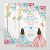 Pastel Blauw Roze Vlinder Bloemen Goud Quinceañera Kaart (Voorkant / Achterkant)