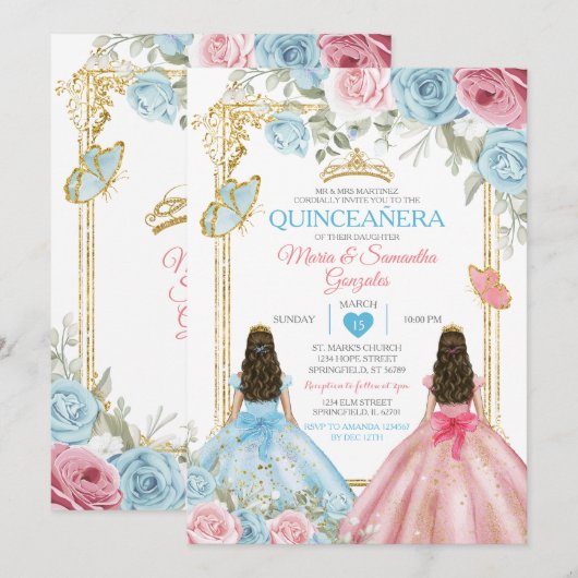 Pastel Blauw Roze Vlinder Bloemen Goud Quinceañera Kaart (Voorkant / Achterkant)