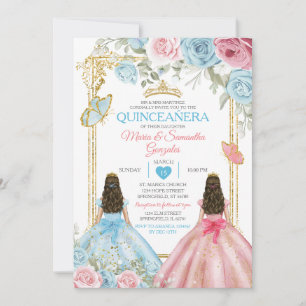 Pastel Blauw Roze Vlinder Bloemen Goud Quinceañera Kaart