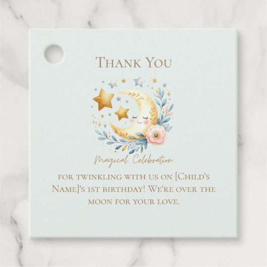 Pastel Blauw Schattige Maan 1e Verjaardag Bedankjes Labels (Voorkant)