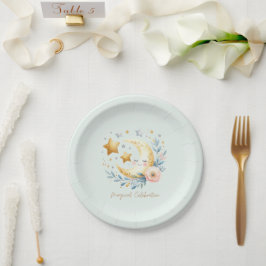 Pastel Blauw Schattige Maan 1e Verjaardag Papieren Bordje