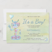 Pastel blauw schattige robot het is een jongen bab kaart (Voorkant)