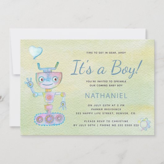 Pastel blauw schattige robot het is een jongen bab kaart (Voorkant)