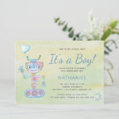 Pastel blauw schattige robot het is een jongen bab kaart (Staand voorkant)