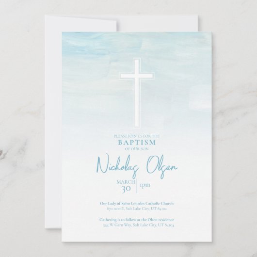 Pastel Blauw Waterverf Baby Boy Baptism Invitation Kaart (Voorkant)