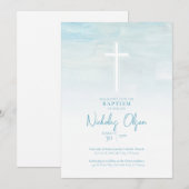 Pastel Blauw Waterverf Baby Boy Baptism Invitation Kaart (Voorkant / Achterkant)