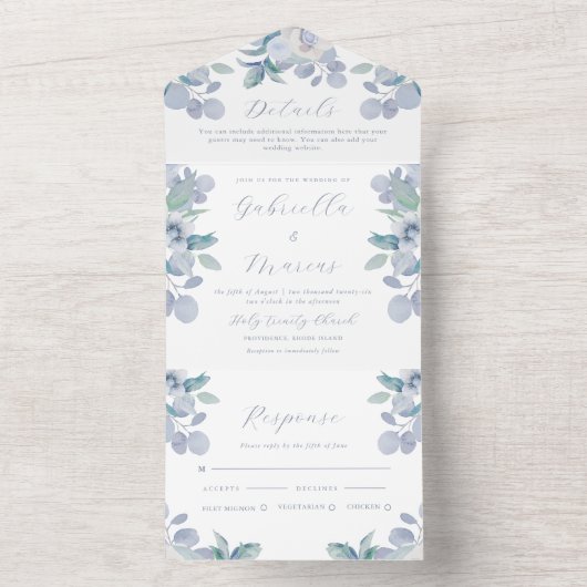  Pastel Blauw Waterverf Bloemen Huwelijk All In One Uitnodiging (Binnen)