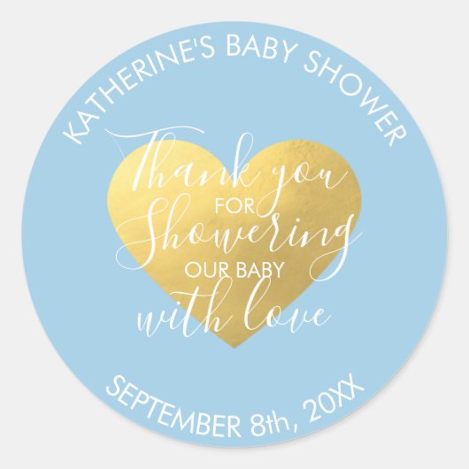 Pastel Blauw Wit Gouden Folie Hart Baby shower Ronde Sticker (Voorkant)