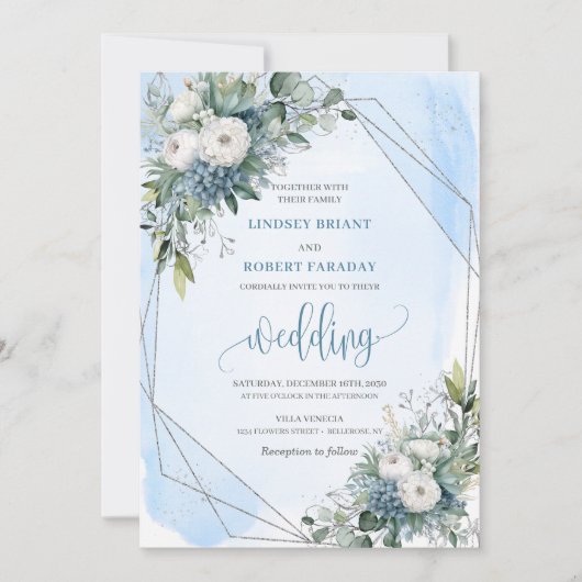 Pastel Blauw Wit Zilver Rozen bruiloft Kaart (Voorkant)