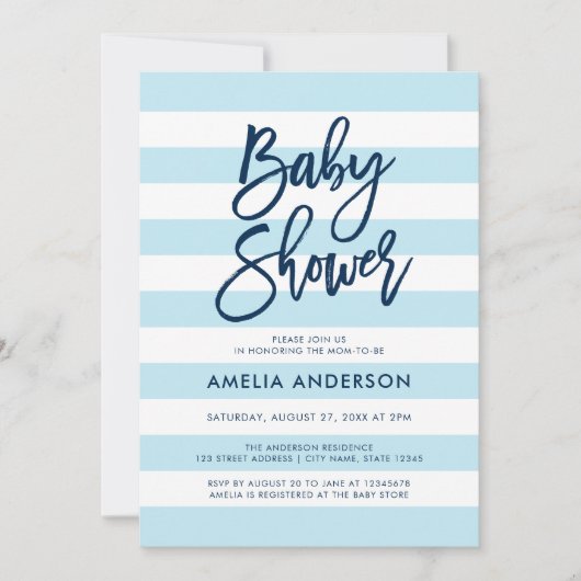 Pastel Blauw & Witte Strepen Blauw Baby shower Kaart (Voorkant)